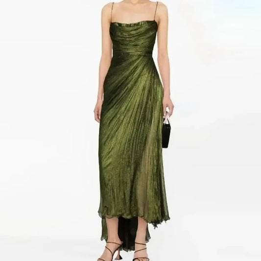 Customized  Green Chiffon Spaghetti Straps Evening Dress  Floor Length Strapless Straight Sleeveless Lace Up Back Celeb