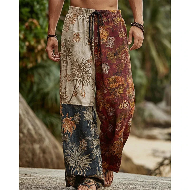 New men's loose fit casual pants with 3D printed geometric patterns, fashionable and comfortable wide leg pants