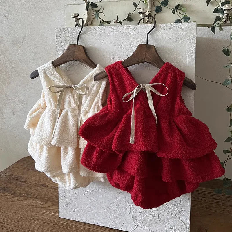 MILANCEL New Winter Baby Bodysuit 3-24M Solid Color Sweet  Infant Girls Pinafore Dress Cute Bow Thicken Loose Toddler Clothes