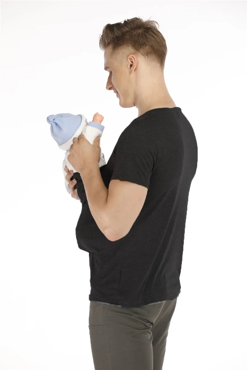 Kangaroo Pocket T-Shirt Nylon Cotton Father Mother Short Sleeves Tops Baby Summer Pregnancy Safety Carrier Feeding Clothing