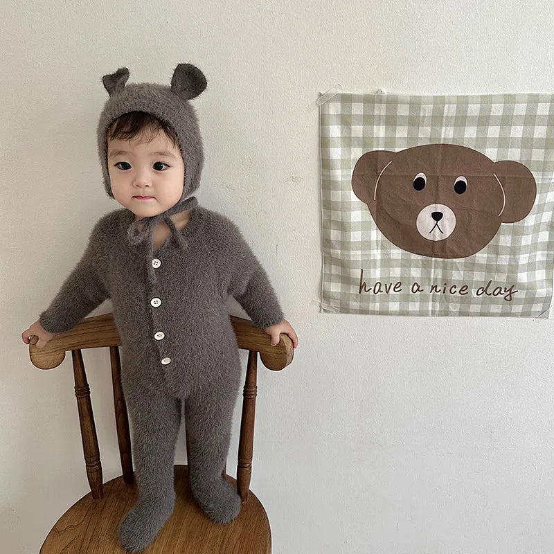 Newborn Baby Mink Fur Romper with Hood Cute Bear Animal Ear Footed Onesie Winter Warm Jumpsuit for 0-2 Years