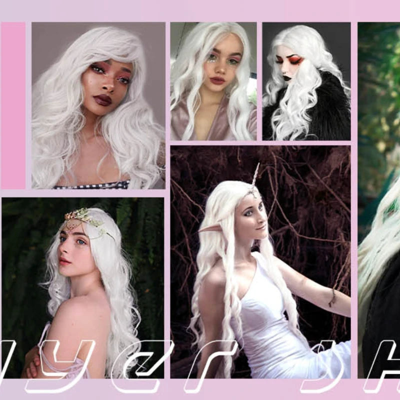 Long White Syntheic Wigs for Women 30 Inches Wavy Lace Heat Middle Part Natural Looking Silky Wig for Daily Use Halloween