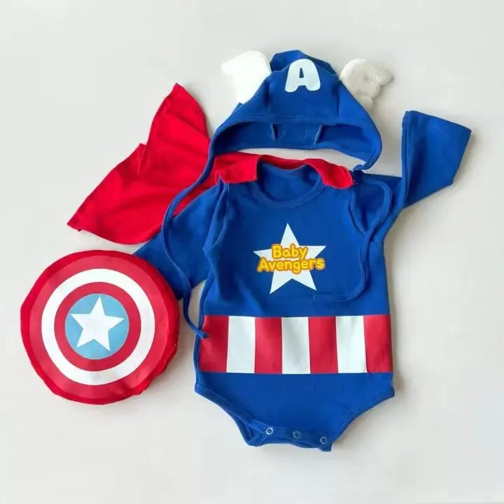 Fall 2025 Korean Superhero Baby Bodysuit Set Costume with Cape Shield & Hat for Cosplay Photoshoot One-Piece High quality Cotton