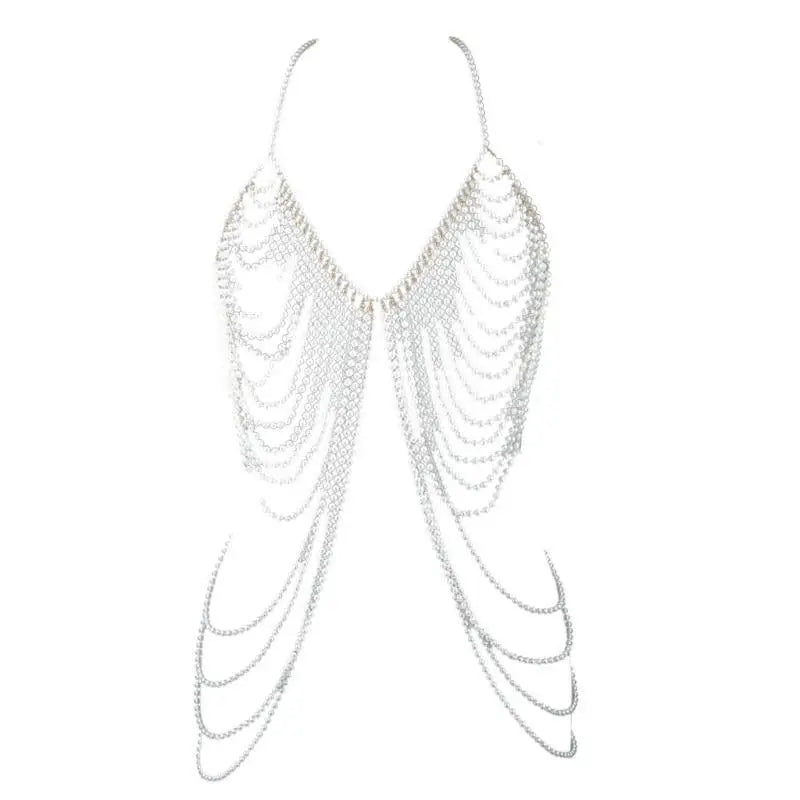 P9FE Fringed Pearls Shawl Wrap for Female Shoulder Chain Necklace Elegant Bride Shawl Formal Dress Shoulder Wrap Body Chain