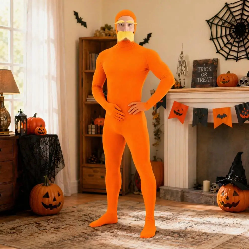 Halloween Dress Up Costume Unisex Full Body Orange Bodysuit for Men Women, Adult Cosplay Jumpsuit for Halloween Party