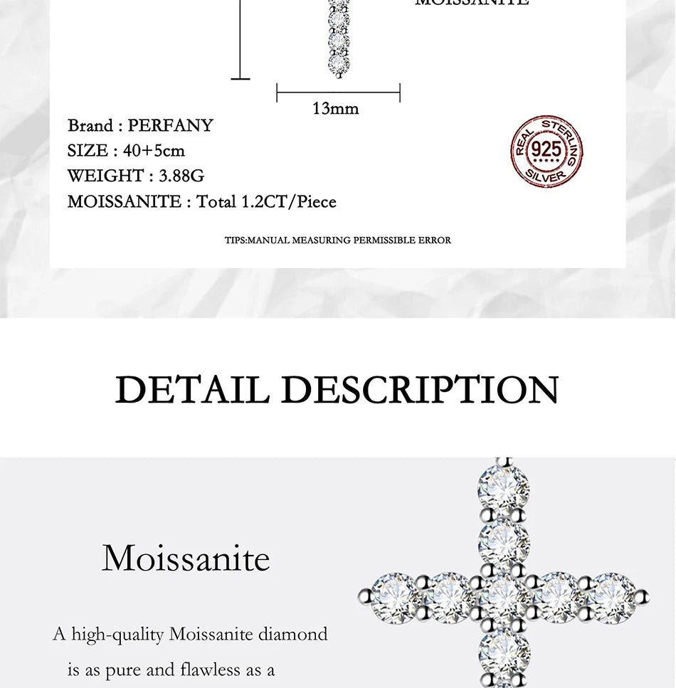 PERFANY All Moissanite Necklace for Women S925 Pure Silver Cross Design Pendant Laboratory Certified Diamond Fashion Jewelry