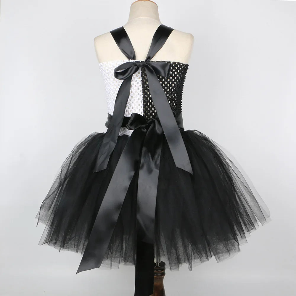 Halloween Crulla Cosplay Costume Cruella Tulle Dress Party Girls Black White Carnival Kids Cruella Wig Lace Mask Suit Clothes