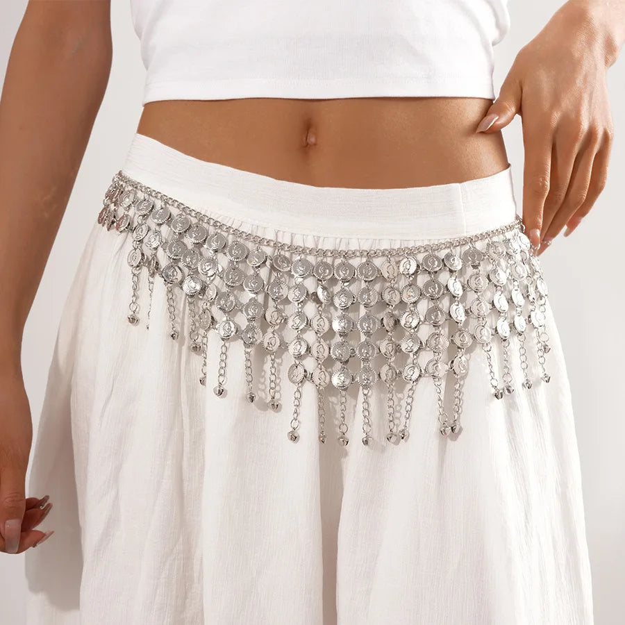 Ethnic Silver Color Bell Coins Tassel Waist Chain Belly Chain for Women Adjustable Chains Sexy Bikini Dance Dress Body Jewelry