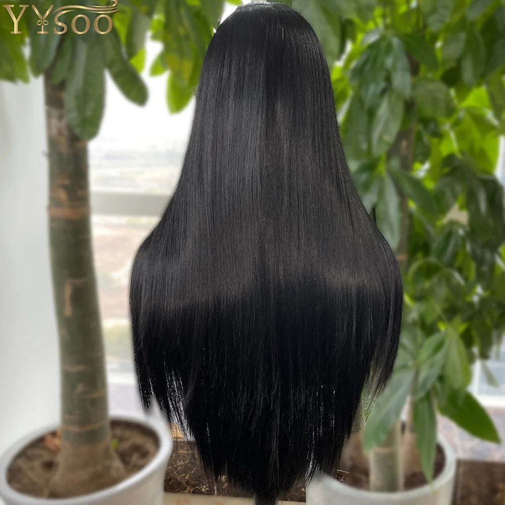 YYsoo 1# Long Silky Straight Dark Black Synthetic Full Lace Wigs for Women Heat Resistant Japan Futura Hair All Hand Tied Wig