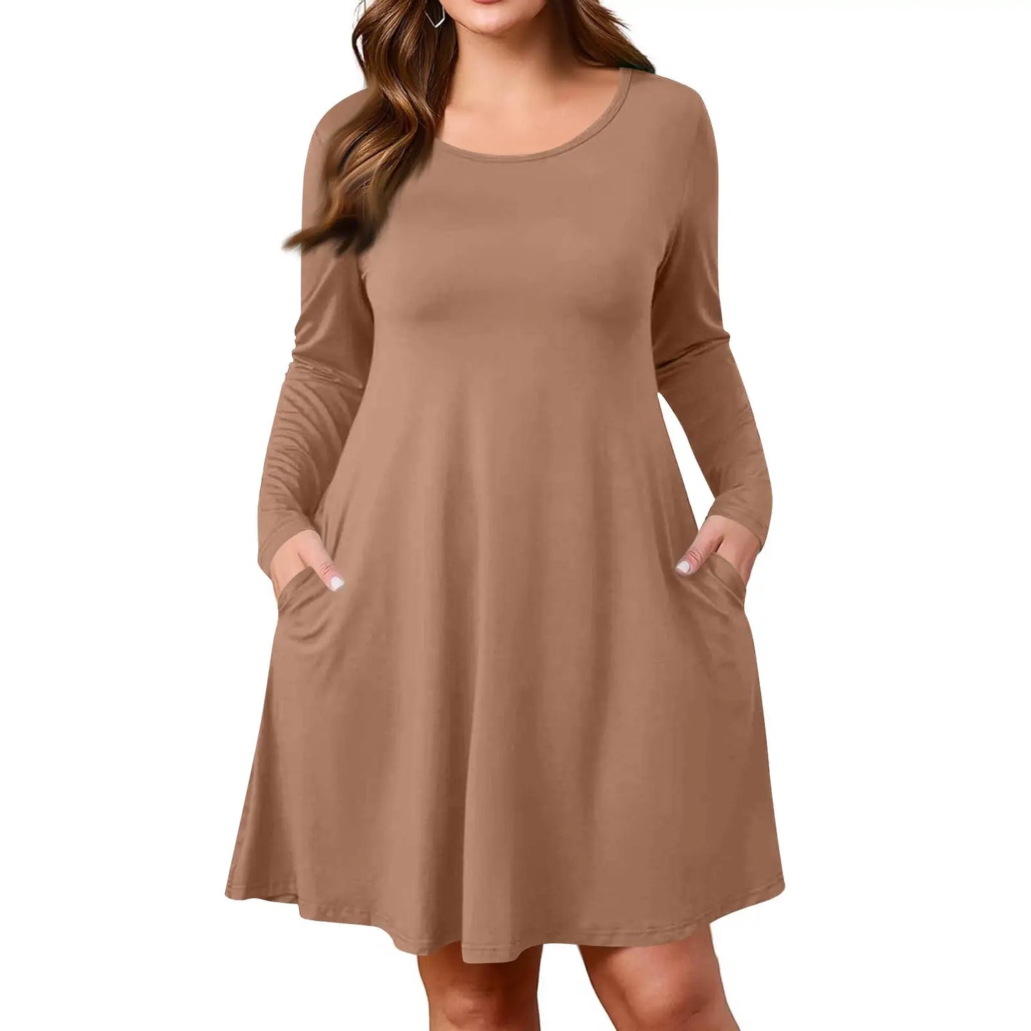 Plus Size Dress for Women Solid-Colour Casual Dress Spring/Autumn Pocket Round Neck Long-Sleeved Dresses vestidos femenino