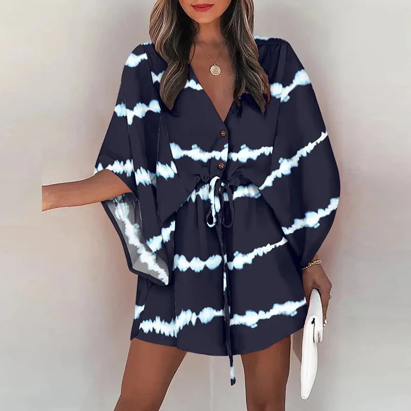 Women Casual Loose Dress Beach Boho Dress Fashion Vintage Print V Neck Drawstring Mini Dress Summer Dresses Robe Femme 2022