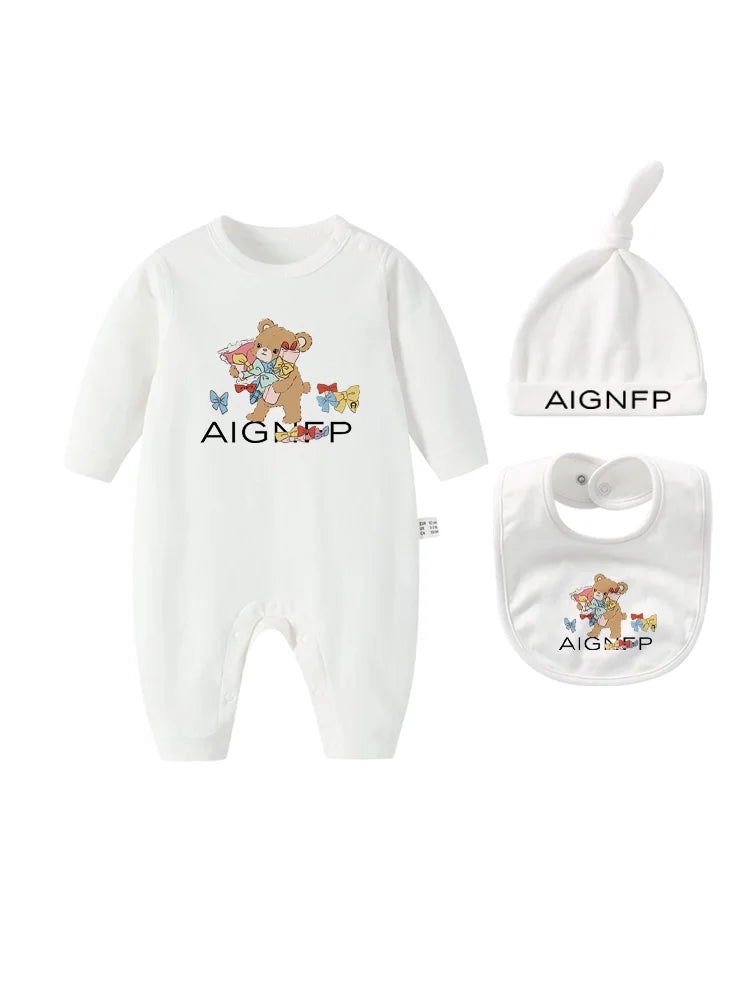 Cute Bow Bear Romper Newborns Clothes Autumn 2025 Hot Sale New Toddler Jumpsuit Hat Bib scarf Set Baby Girls Long sleeves Romper