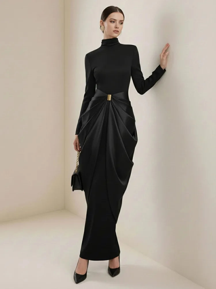 Missuoo 2025 Autumn New Women's Evening Dress Black High Neck Long Sleeves Split-joint Pleated Maxi Dress High Waist Party Gown
