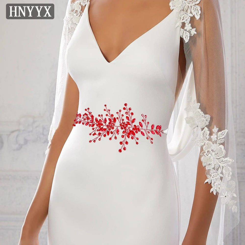 HNYYX Red Bridal Dress Belt Shiny Red Rhinestone Belt Suitable for Wedding Bridesmaids Ball Crystal Flower Gown Sash SA232