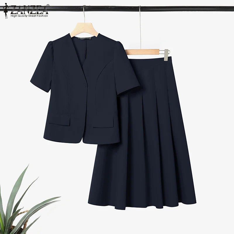 ZANZEA Vintage Outfits Women Fashion Office Dress Sets Solid Shirts A-Line Pleated Maxi Skirts Casual Suits 2025 Matching Sets