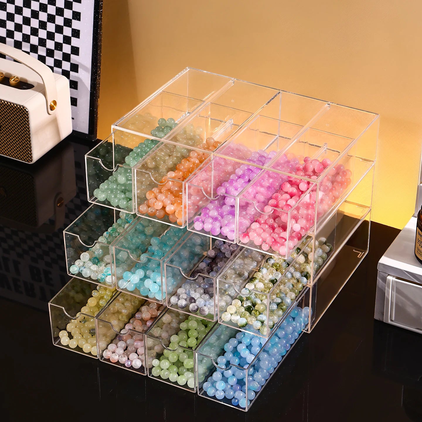 1pc Acrylic 1Layer 4Grid Bead Jewelry Organizer Stackable Separate Compartment Desktop Storage Box Suitable Hair Jewelry Storage
