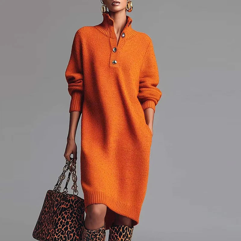 Autumn Winter Long Sleeve Knitted Dresses For Women Fashion Button Design Long Sleeve Lady Office Dress Women Elegan Party Dress