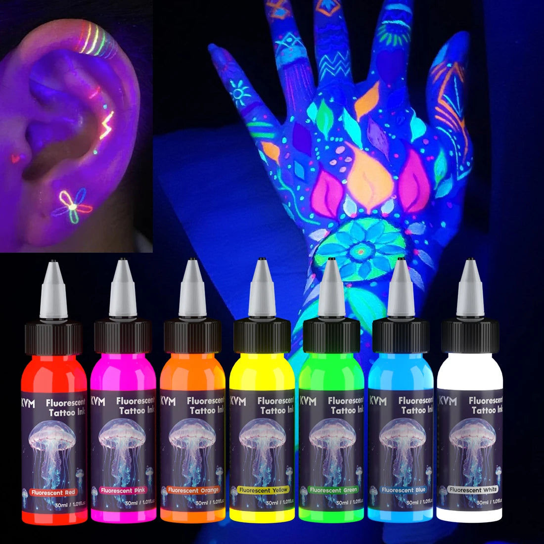 Fluorescent Tattoo Ink 30ml 7 Color Pigment Equipped with Ultraviolet Light Illumination Suitable for Body Art Tattoo Supplies