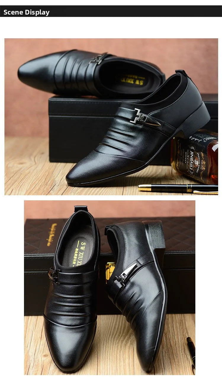 New Men's Slip-On Business Casual Shoes Large Size Fleece Lined Leather Shoes Wear Resistant Rubber Outsole Low Cut Ankle High