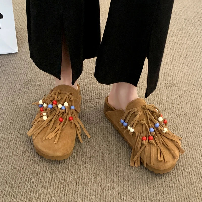 2025 Women Mules Shoes Flats Suede Women's Sandals Fringes Summer Fashion Slippers Walking Dress Cozy