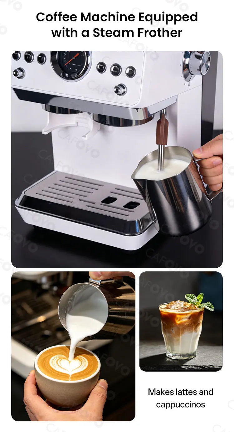 CAFOVO E161G 3-in-1 Semi-automatic Coffee Machine with Burr Grinder Frothing Milk for Home Barista Espresso & Cold Brew 220V