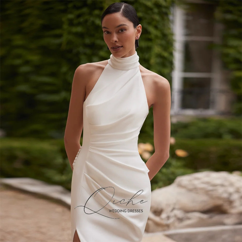 QICHE Elegant High Collar Pleat Mermaid Wedding Dress Women Sleeveless Open Back High Side Split Buttons Bridal Gown Customized