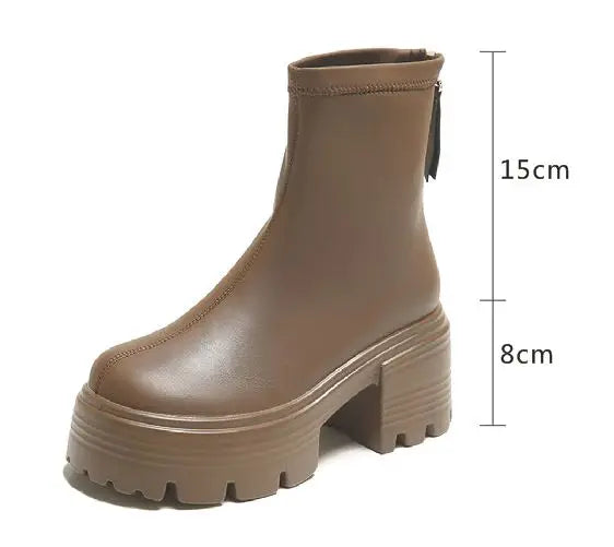 8CM Autumn Chunky Boots High Platform Leather Sneakers Women Round Toe Chelsea Boots British Style Thick Sole Female Ankle Shoes