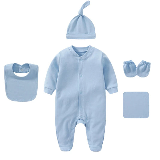 Unisex Baby Clothing Set with Jumpsuit Hat Bib Gloves Towel 5-Piece Solid Color Cotton Collection for Newborns to 6 Months