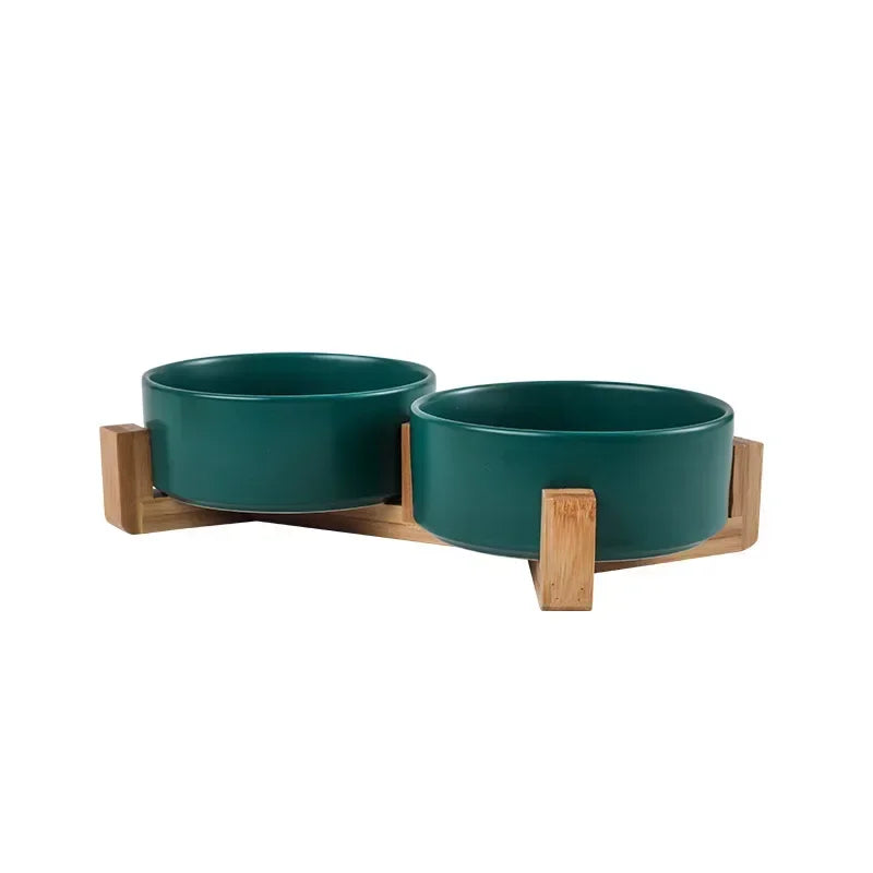 Cat bowl cerami double bowl water bowl integrated wooden rack protects cervical spine high-legged dog bowl dog bowl