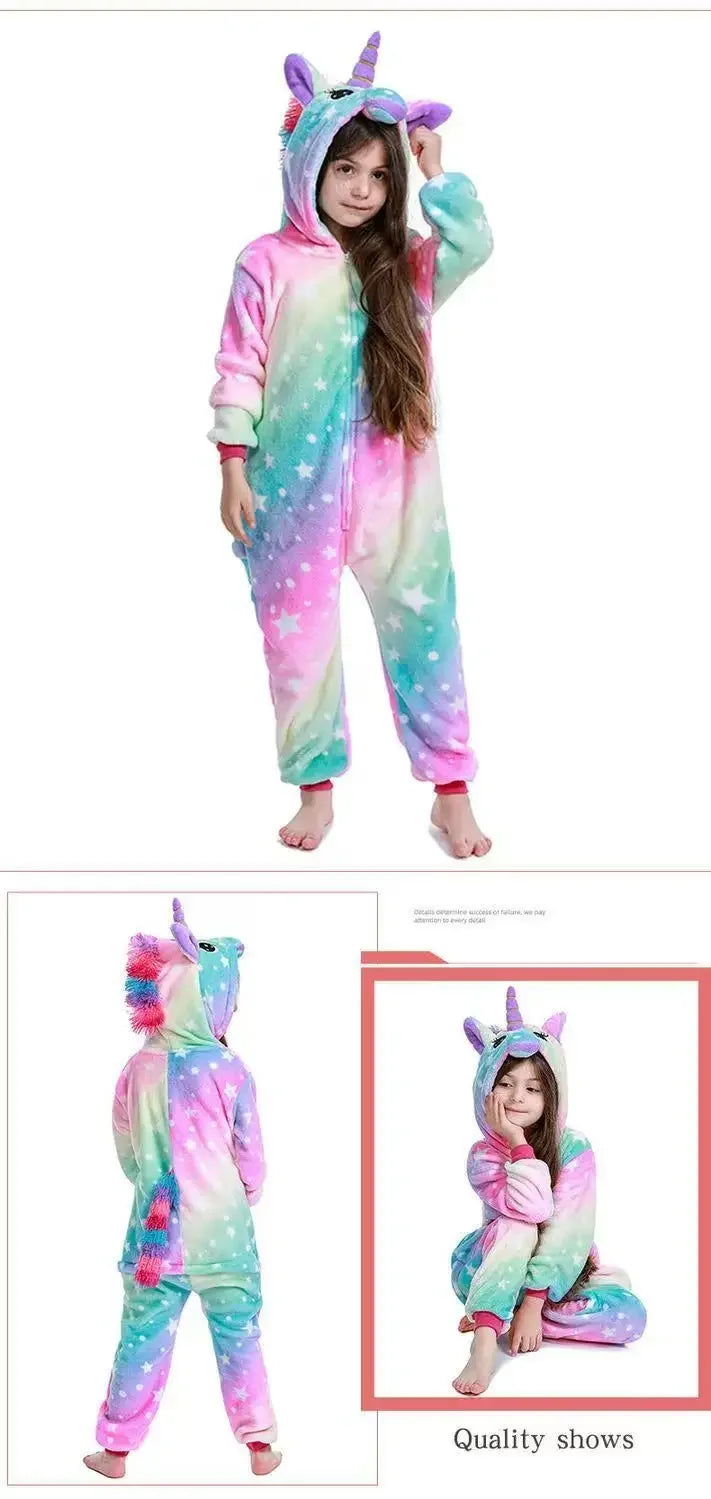 4 6 8 10 12 Years Girls Black Cat Jumpsuits Unicorn Pajamas Kigurumi Toddler Kids Hooded Flannel Home Wear Children Onesie