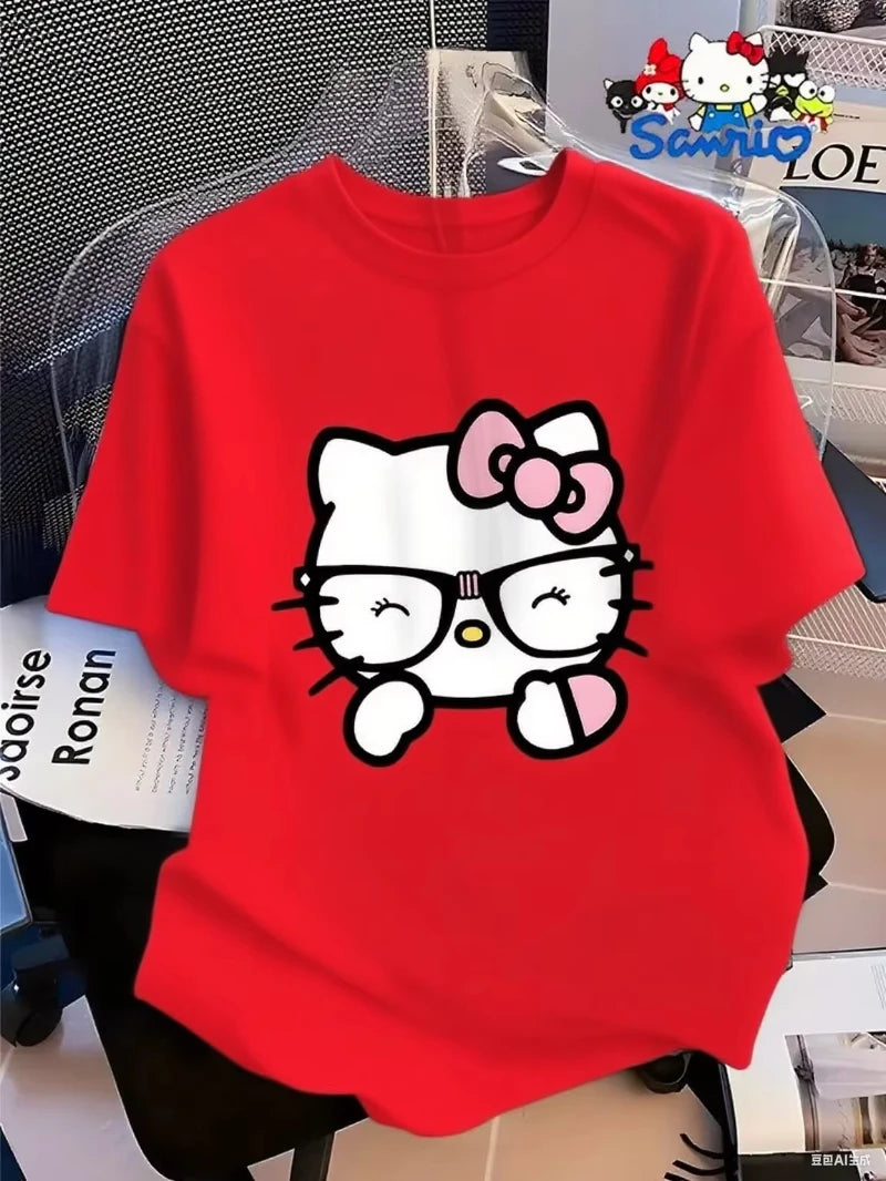 MINISO Cotton T Shirt with Hello Kitty in Glasses Graphic Sweet and Nerdy Style Trendy Printed Brand Cotton T-shirt Short Sleeve