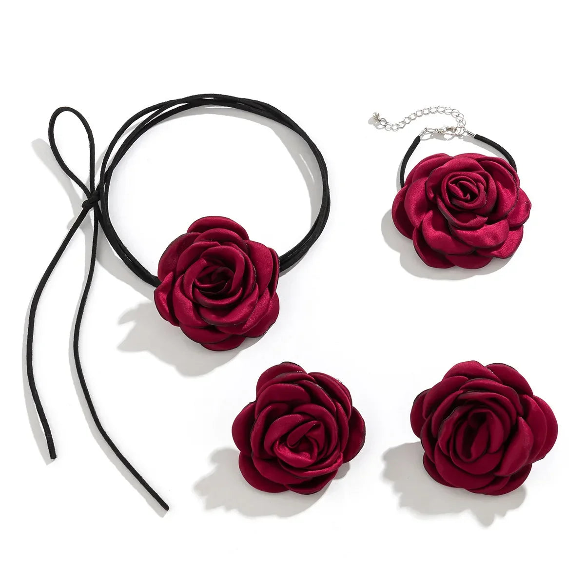 Women Adjustable Rope Choker Clavicle Chain Goth Y2K Romantic Rose Flower Necklace Bracelet Earrings Set