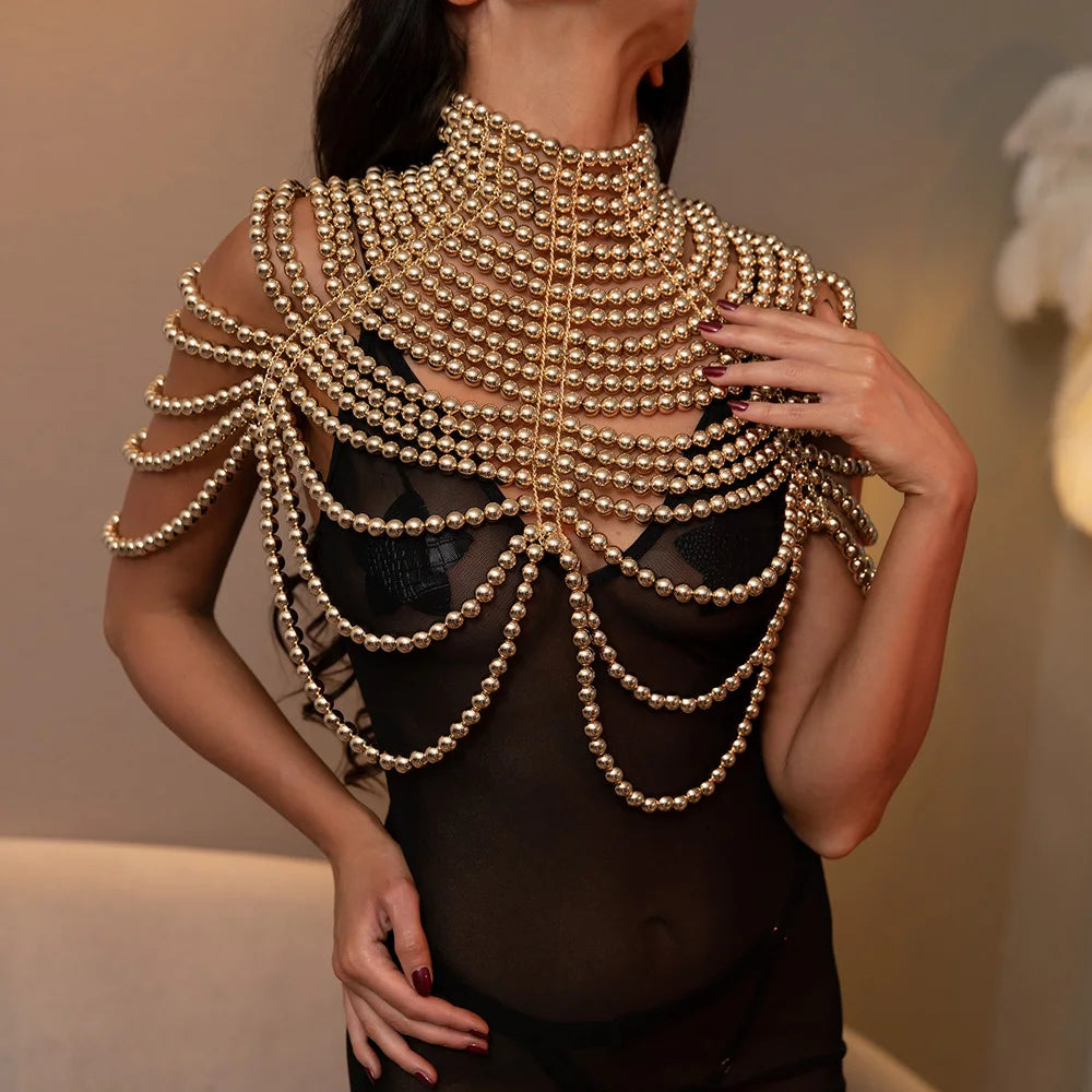 Women's Pearl Body Chains Bra Fashion Adjustable Size Shoulder Necklaces Sexy Tops Chain Wedding Dress Pearls Shawl Body Jewelry