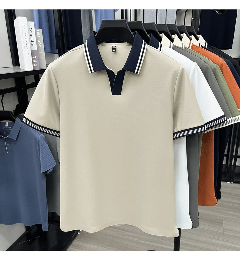 Light luxury summer new short sleeve polo shirt silky breathable high-end men's fashion personalized color blocked lapel T-shirt