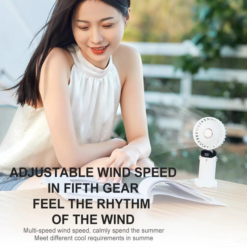 Handheld Mini Electric Fan Foldable Portable Neck Hanging Fans 5 Speed USB Rechargeable Fan With LED Display Screen Phone Stand