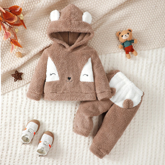 Toddler children's Boy Set Brown Hooded Plush Long sleeved Pants Two-piece Set fit 0-3 Year old Male Baby Winter Warm Suit