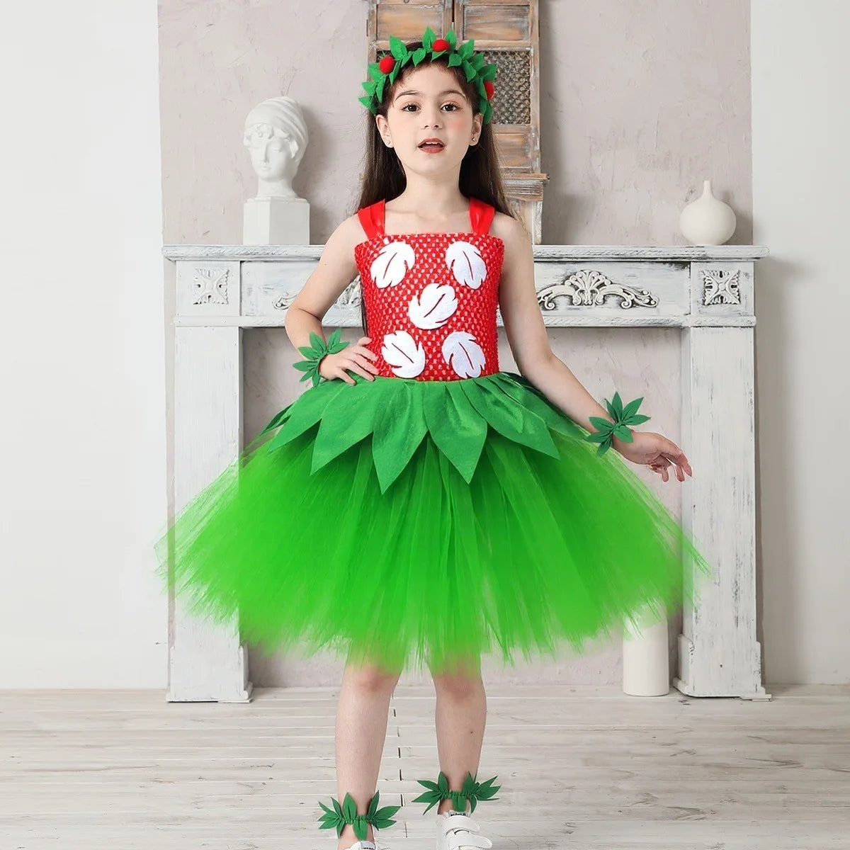 Halloween Costume for Girls Chirdren Summer Red and Green Floral Hawaiian Party Dress with Wreath Outfit for Halloween