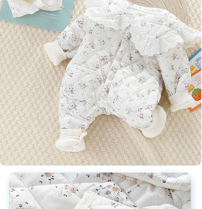 2PCS Set Baby Cute Floral Rompers Infant Diamond Flower Fleece Padded Jumpsuit with Hat 0-2T Toddler Thicken Outwear Clothes