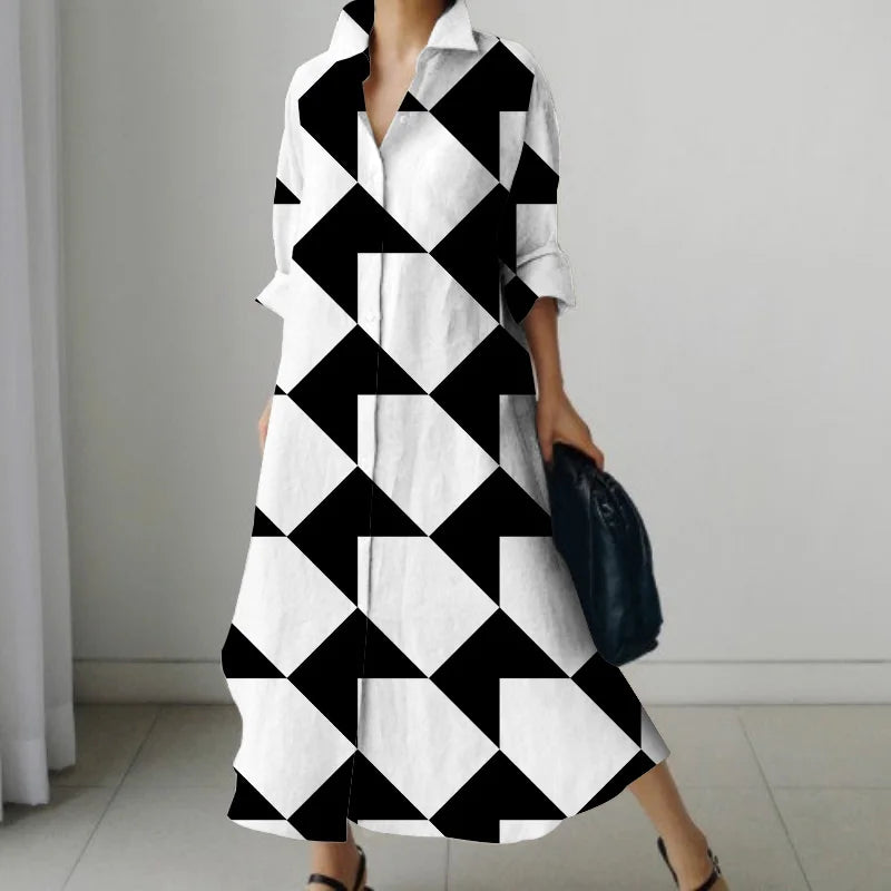 Women's Shirt Dress 2023 Trendy Patchwork Vintage Spot Print Shirt Fall Out Office Dress Loose Casual Lapel Pocket S-5Xl