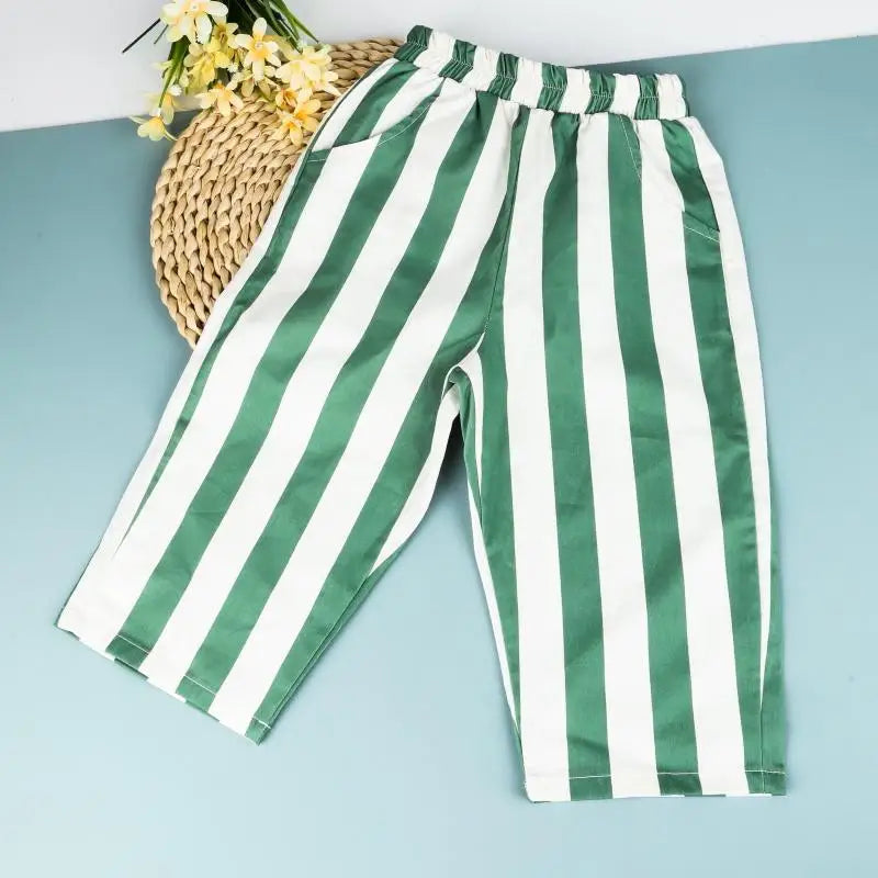 Summer Autumn New Boy Girl Children Loose Striped Casual Pants Baby Pockets Pants Kid Outdoor Cotton Trousers Toddler Costume