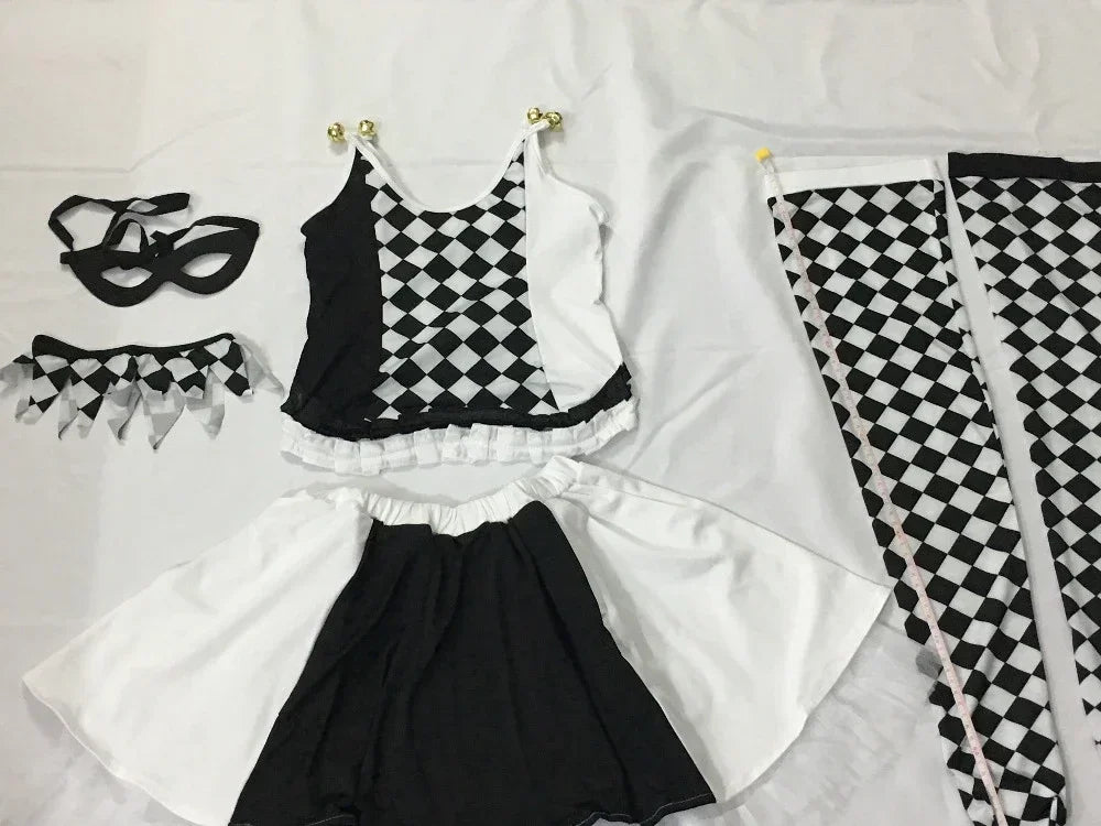 2026Cosplay adulte cirque Clown noir blanc treillis ensemble de costumes femmes Halloween carnaval déguisement mascarade fête