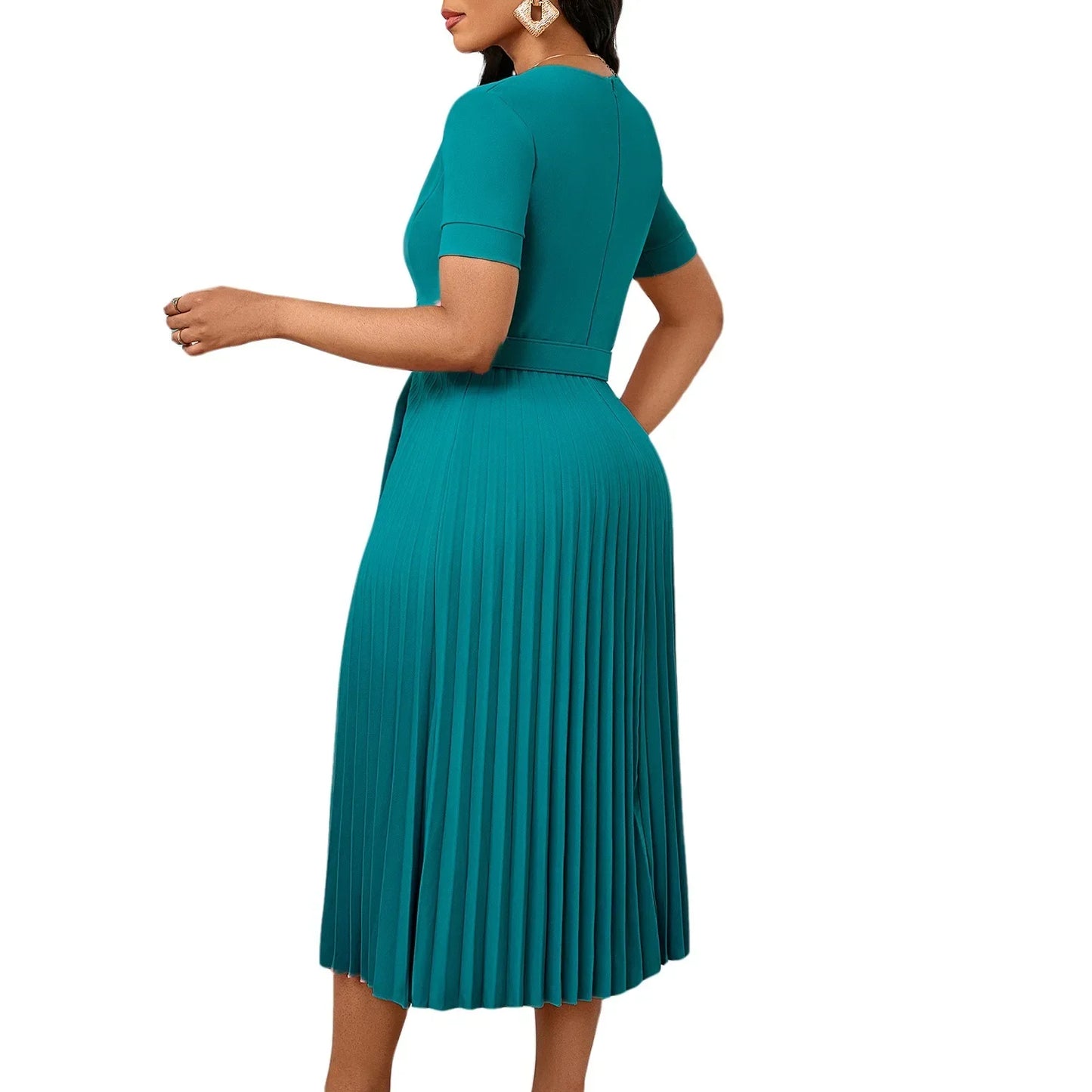 Sexy Short Sleeve V-Neck Elegant African Pleated Dress High Waist Midi Dress Fashionable Atmosphere Casual Elegant Style