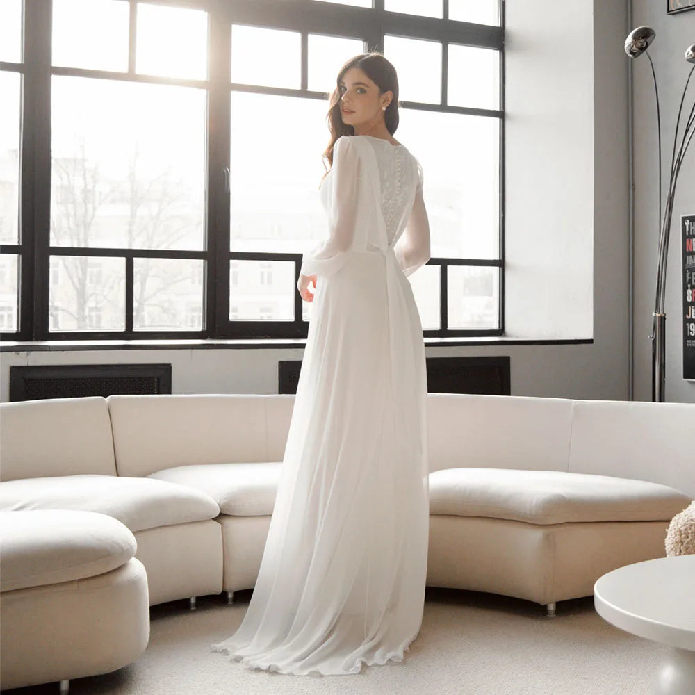 Tulle Beach Long Sleeves Wedding Dresses Customized 2025 Simple Long Sleeves White Ivory Bridal Gown Vestido De Noiva