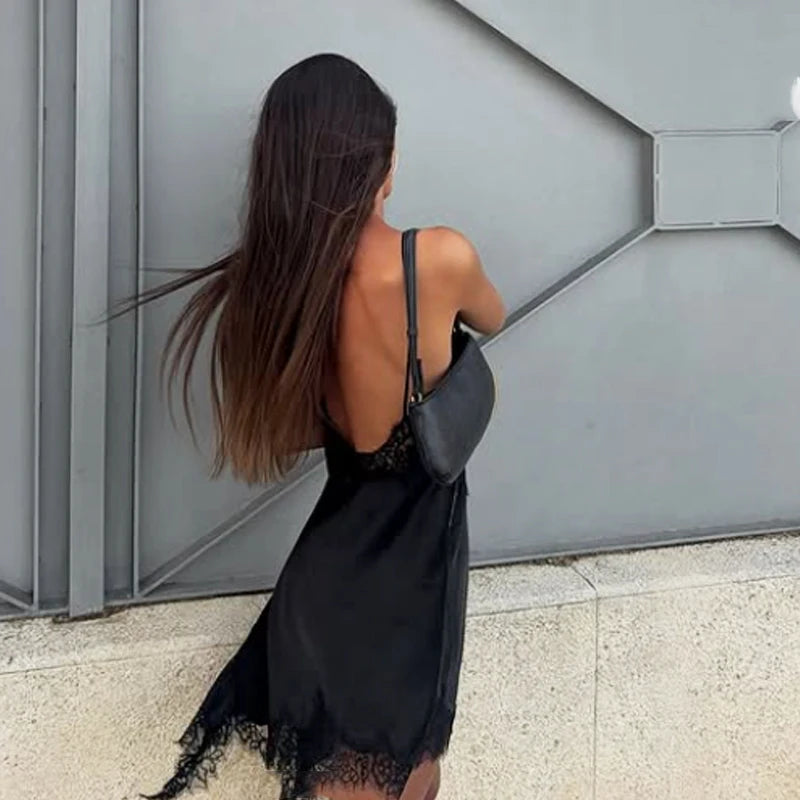 HXAO Slip Womens Dresses Sleeveless Black Lace Dress Woman Asymmetrical Elegant Party Dresses Sexy Backless Satin Yellow Dress