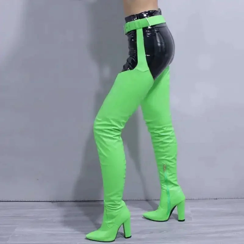 Boots Women High Heels Belt Thigh High Boots Sexy Color Big Size Side Zipper Over The Knee Boots Night Club Lady Shoes