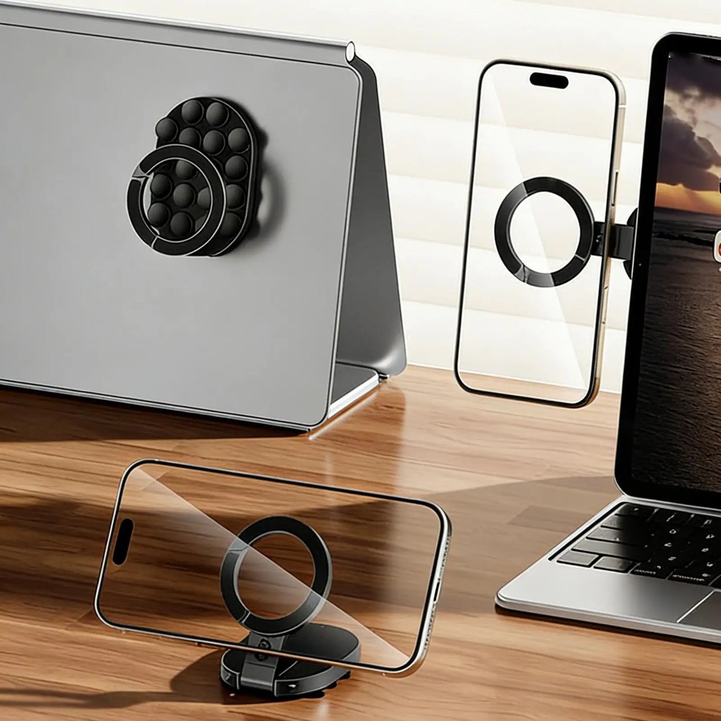 Magnetic Smartphone Desktop Stand With Suction Cup for iPhone Mini Pocket Stand for Glass Windows Laptop 360 Degree Adjustable