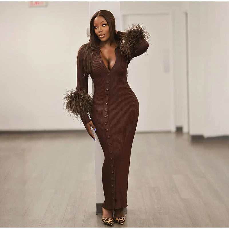 Sexy Knitted Fur Long Party Dress Women Solid Patchwork Full Sleeve V-neck Single Breasted Slim Dresses 2025 Fashion Evening Rob