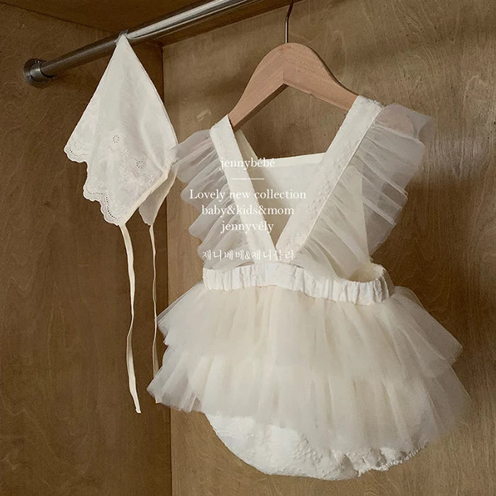 2024 New Summer Newborn Baby Girl Romper Flying Sleeve Cotton Mesh Splicing Toddler Baby Girl Jumpsuit 0-24M Baby Girl Clothing