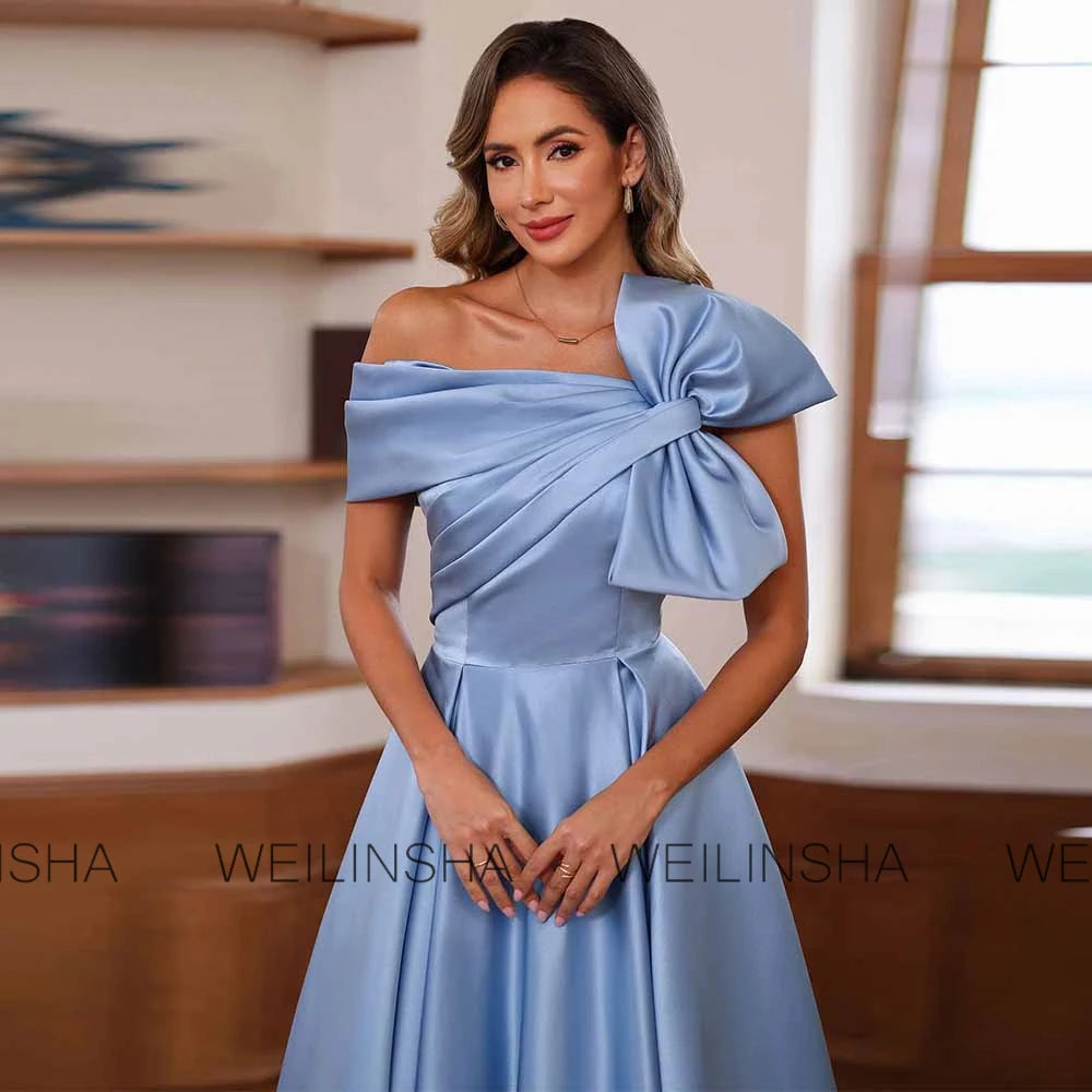 Modern Women's Cocktail Dresses Satin A-line Wedding Guest Dress Sky Blue One-shoulder Bow Pleat Ruched Mother of the Bride Gown