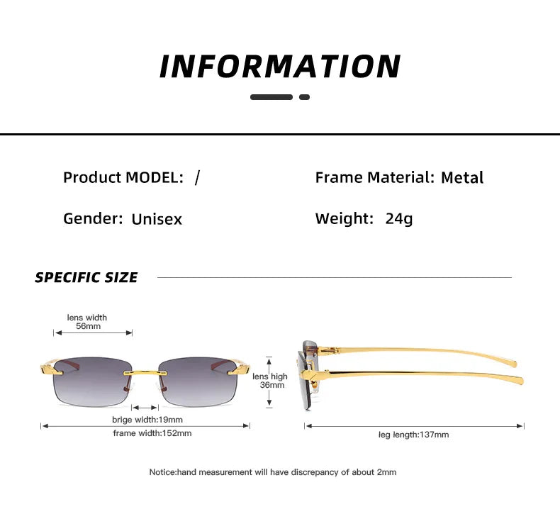 Fashion Vintage Rimless Square Sunglasses Women Men Luxury Brand Designer Popular Travel Driving Metal Small Sun Glasses